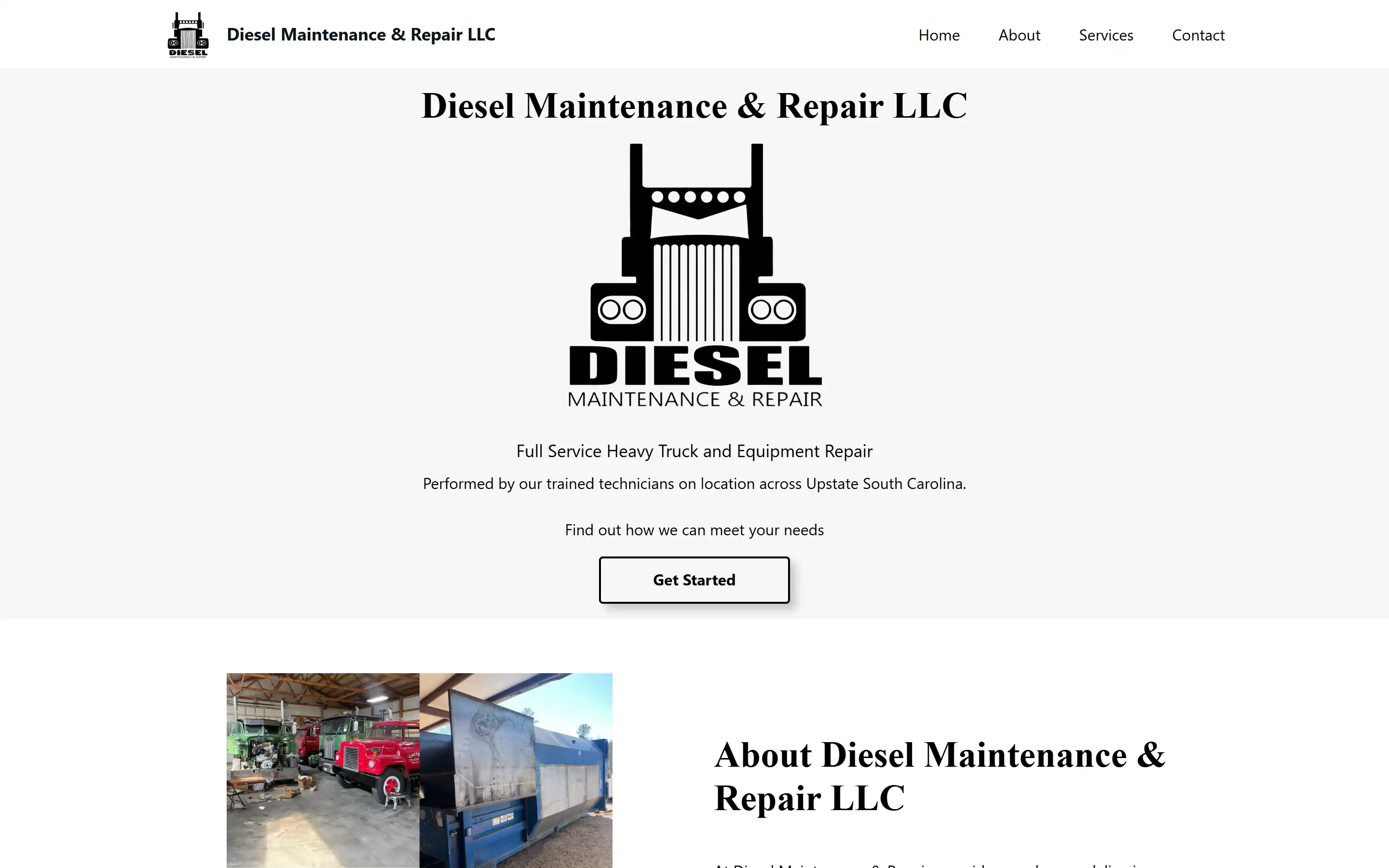Small business diesel repair website created by Reverend Studios, LLC, featuring straightforward service pages for heavy truck maintenance and local fleet repair customers.
